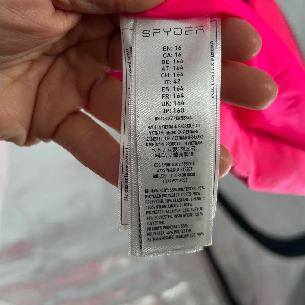 Spyder Girls Insulated Ski Jacket Pink Green Faux Fur Hood Size 16 - Picture 13 of 16
